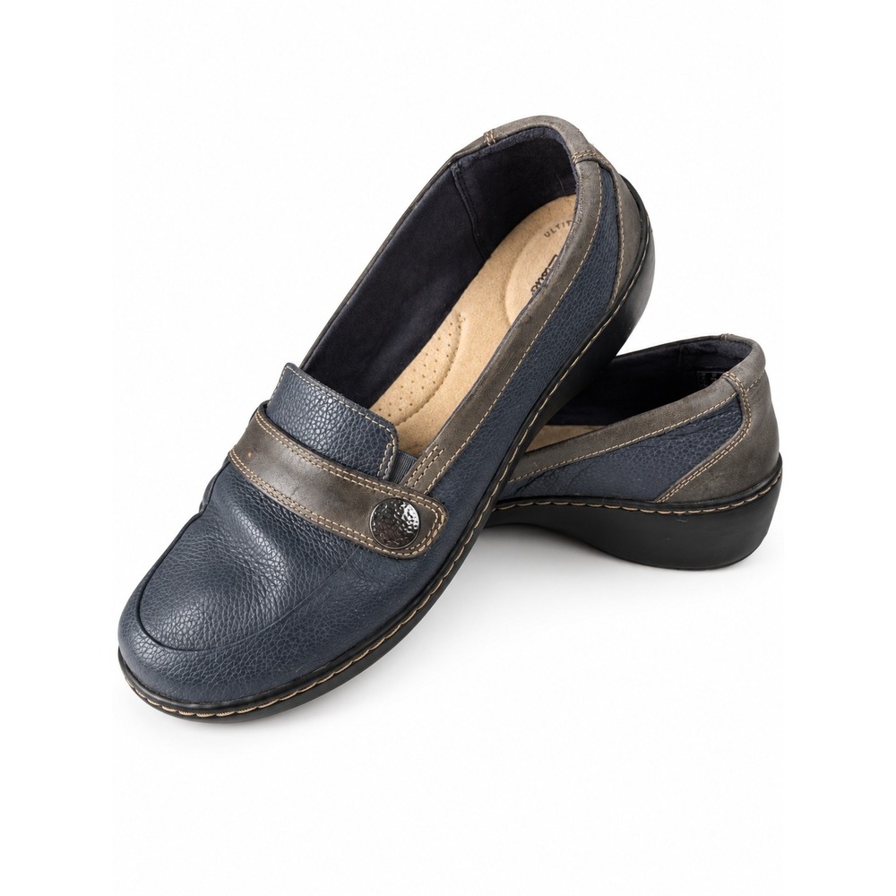 Clarks Women's 9.5 Navy Blue Gray Slip On Comfort Loafers Wedge Shoes